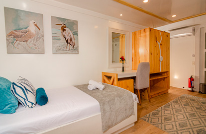 Cabina Suite Doble del Yate Sea Star Galápagos con dos camas de plaza y media, ventanas panorámicas, escritorio, sala de estar